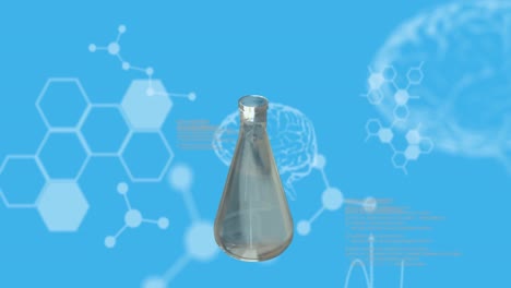 animación de la vuelta del frasco de ensayo, la cadena de adn y los diagramas cerebrales sobre un fondo azul