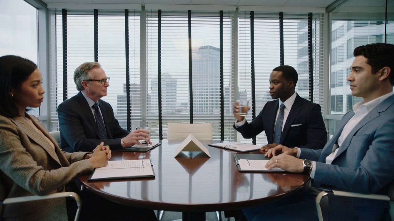 Reaching man in dark suit lifting glass while sipping during meeting pause at high-rise table