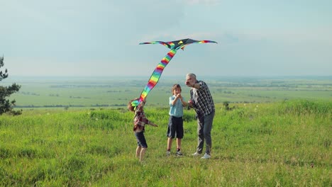 caucasian senior man with his grandchildren in the park while they are flying a kite on a sunny day