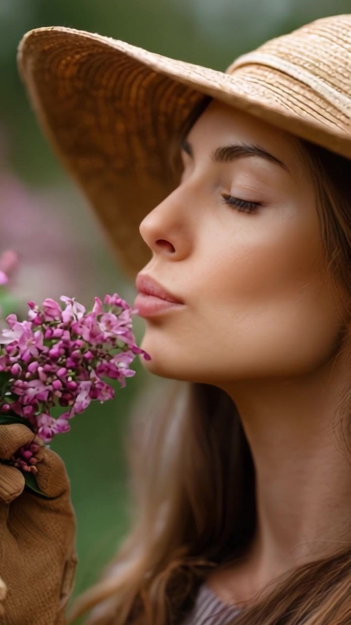 Et fredfyldt øjeblik fanget i naturen, hvor en kvinde nyder duften af blomstrende blomster, mens hun bærer en stilfuld stråhat, der udtrykker ro og elegance