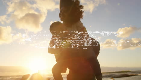 animation of vibes text in white letters over happy couple on the beach