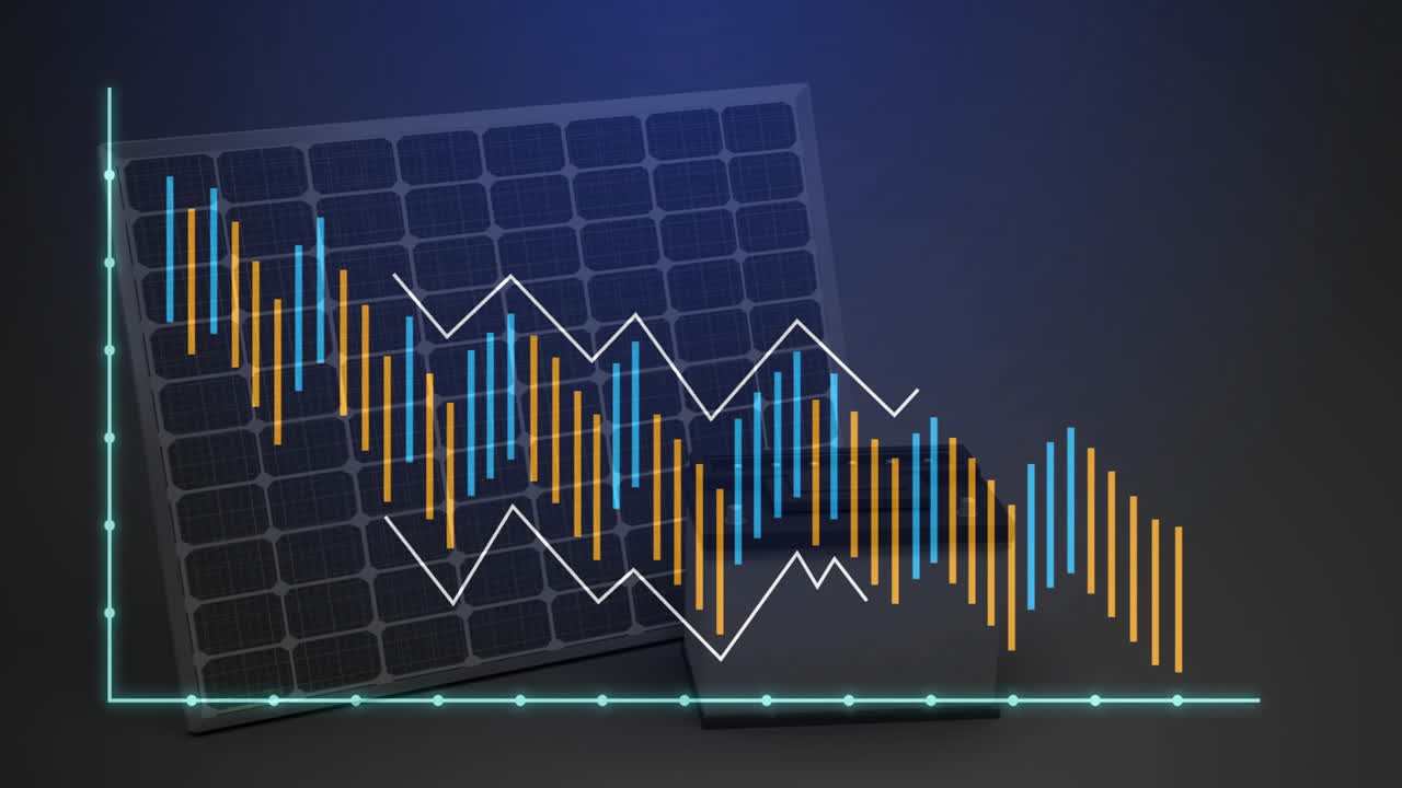 Graph animation over solar panel, depicting fluctuating data trends