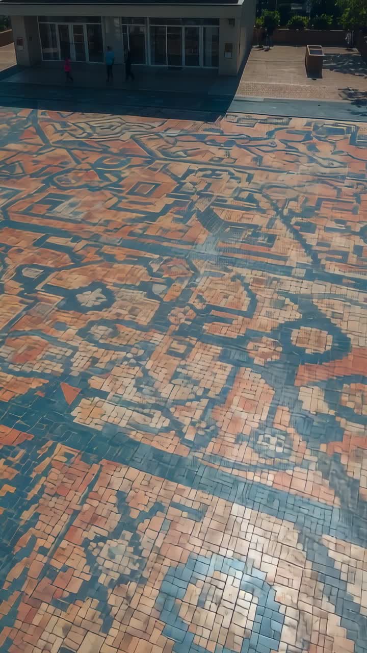 Vertical video: Tilting camera showing mosaic tiles by doors, pair in pink and dark, one entering