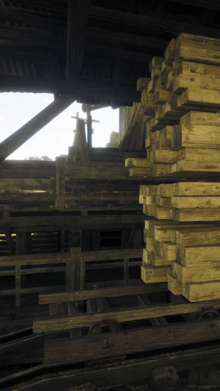 Travi di legno impilate all'interno di un edificio con struttura in legno e binari.