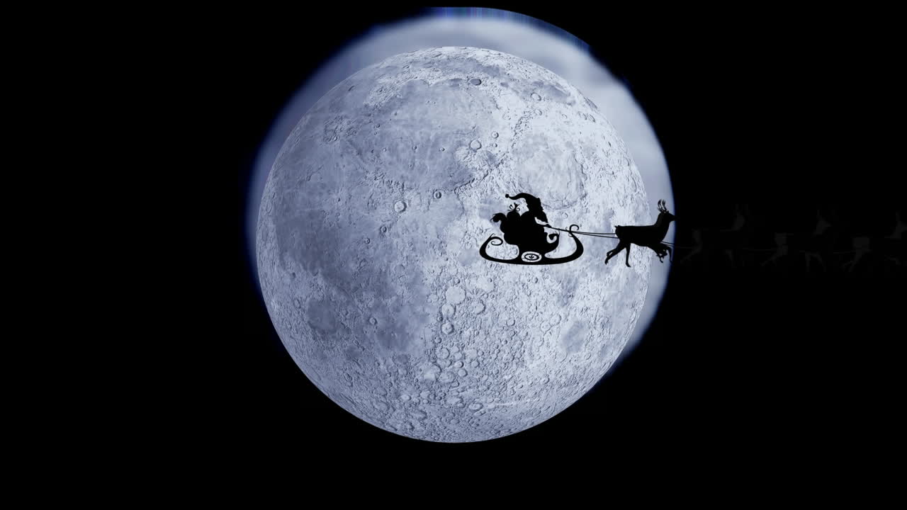Animation of santa claus in sleigh with reindeer passing over moon and stars