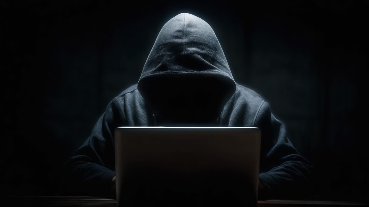 Una figura misteriosa con una felpa con cappuccio, impegnata in attività sospette davanti a un laptop, circondata dall'oscurità e da ombre enigmatiche.