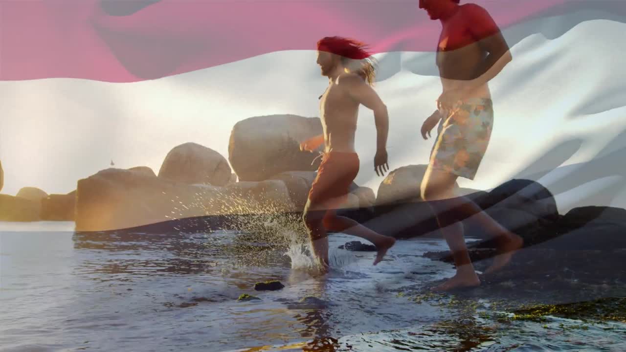 анимация флага нидерландов над разнообразной группой друзей на пляже