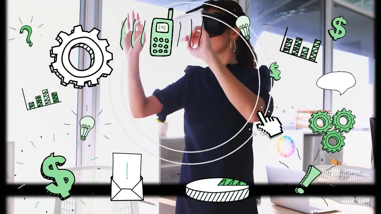 animación de una red de conexiones con iconos sobre una mujer de negocios con auriculares vr