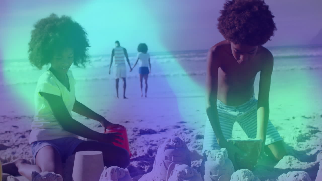 Children building sandcastles on sunny beach, featuring animated bucket icons for education