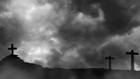 4k silhouette, cross on rocky hill dark cloud background