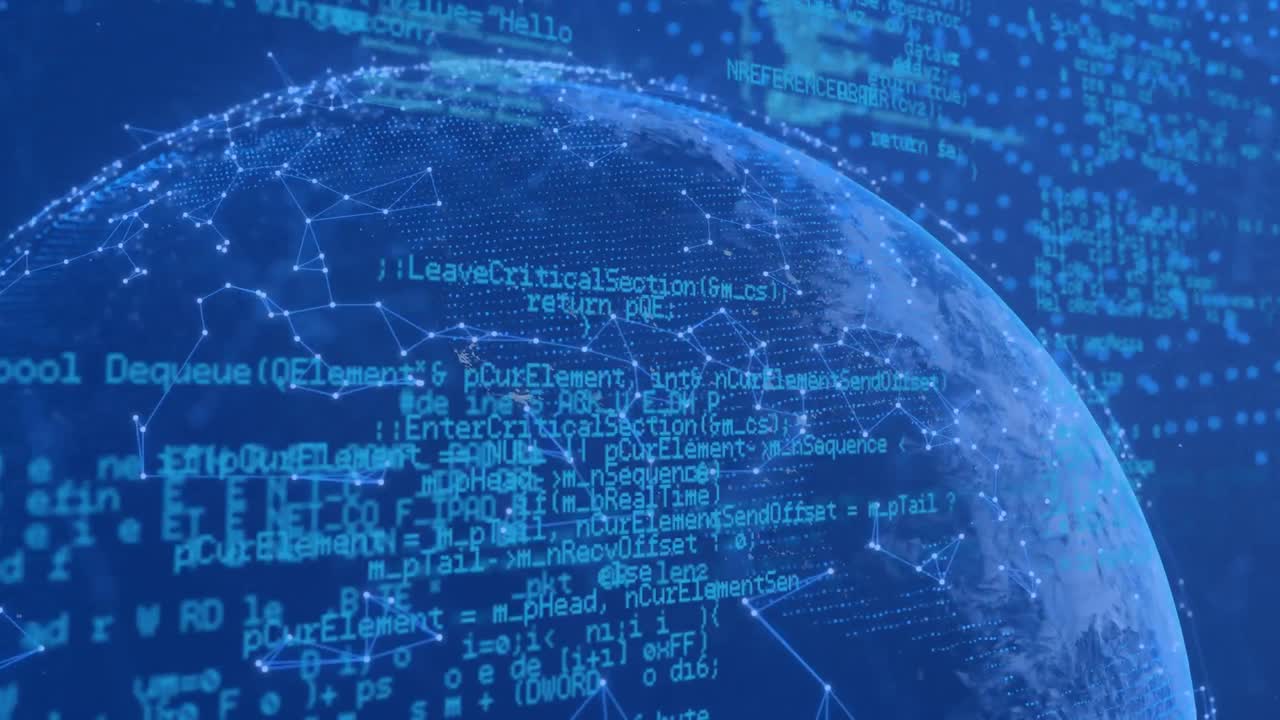 Animation of network of connection and data processing over globe on blue background