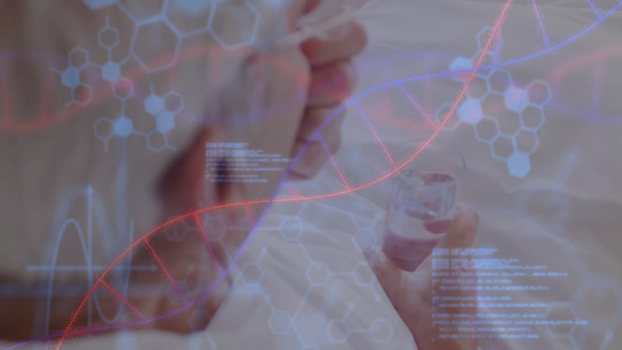 Animation of dna strand with data processing over senior african american woman taking pills