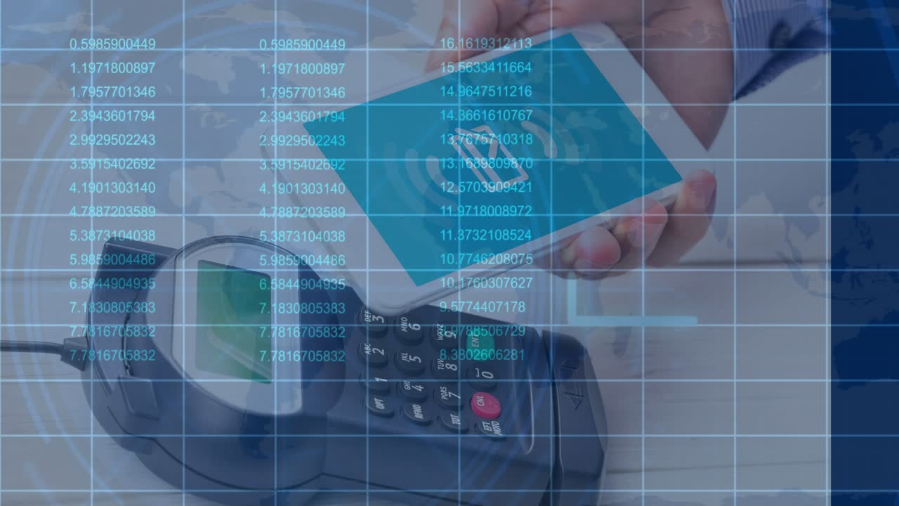 Animation of data processing over woman using smartphone