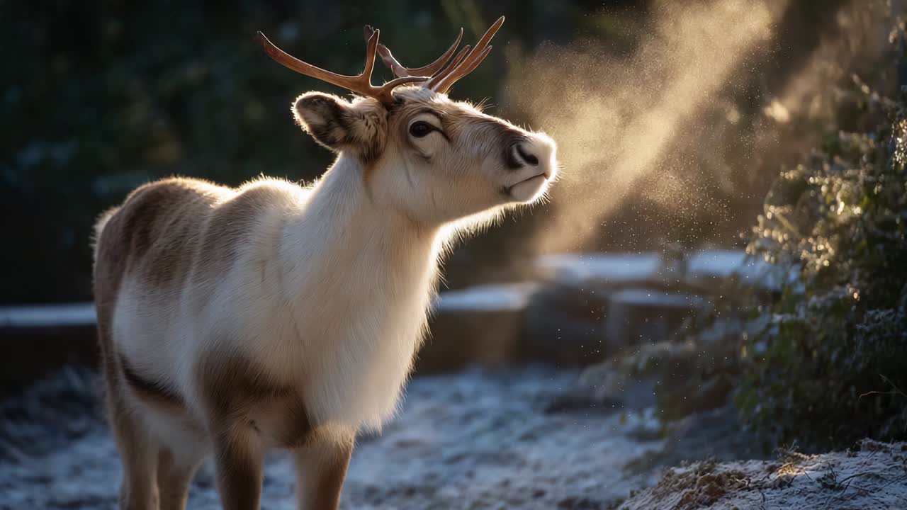 En majestætisk rensdyr, der står yndefuldt i morgenlyset og udånder tågedunster, mens solen står op, hvilket skaber en magisk vinterstemning midt i et glimtende frostbeklædt landskab.