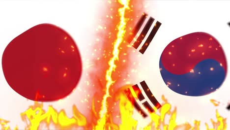 japan versus south korea flag on fire loop animation