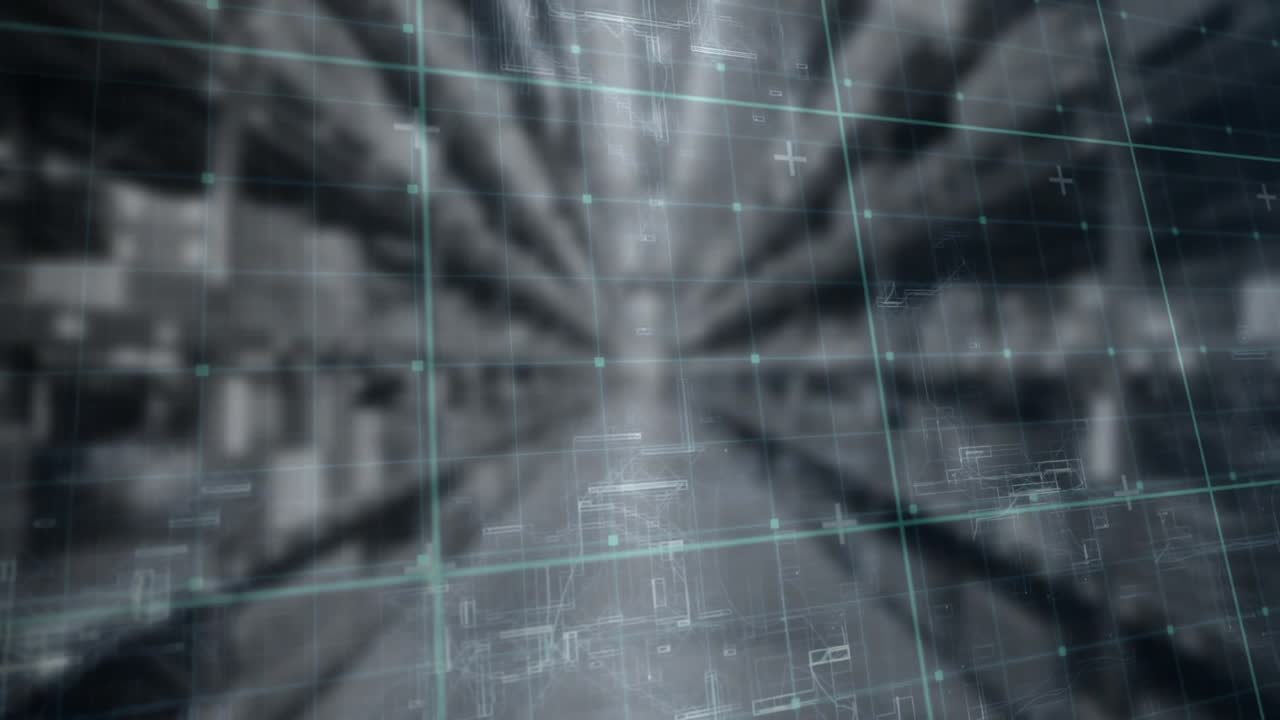 Camera initiating flight through blurred data tunnel pulsing turquoise grids illustrating data flow