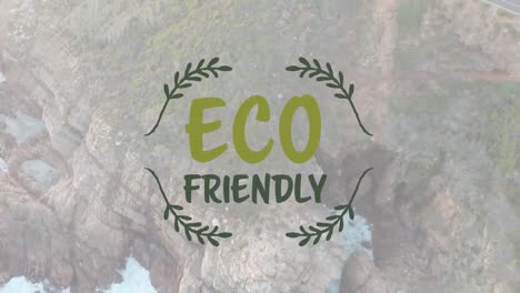 Animation-of-eco-friendly-text-over-ocean's-rocky-coast