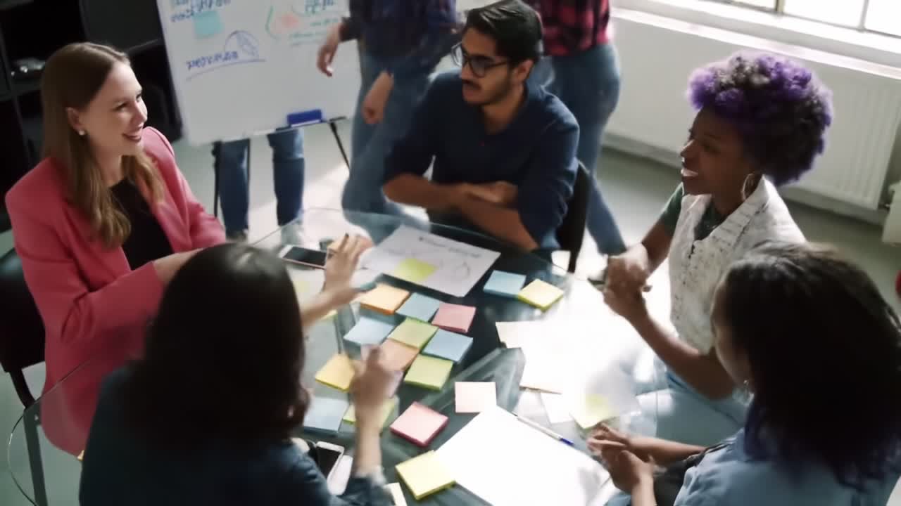 Engaging Team Collaboration in a Creative Workspace: Group Discussion with Brainstorming Tools and Colorful Sticky Notes Around a Glass Table