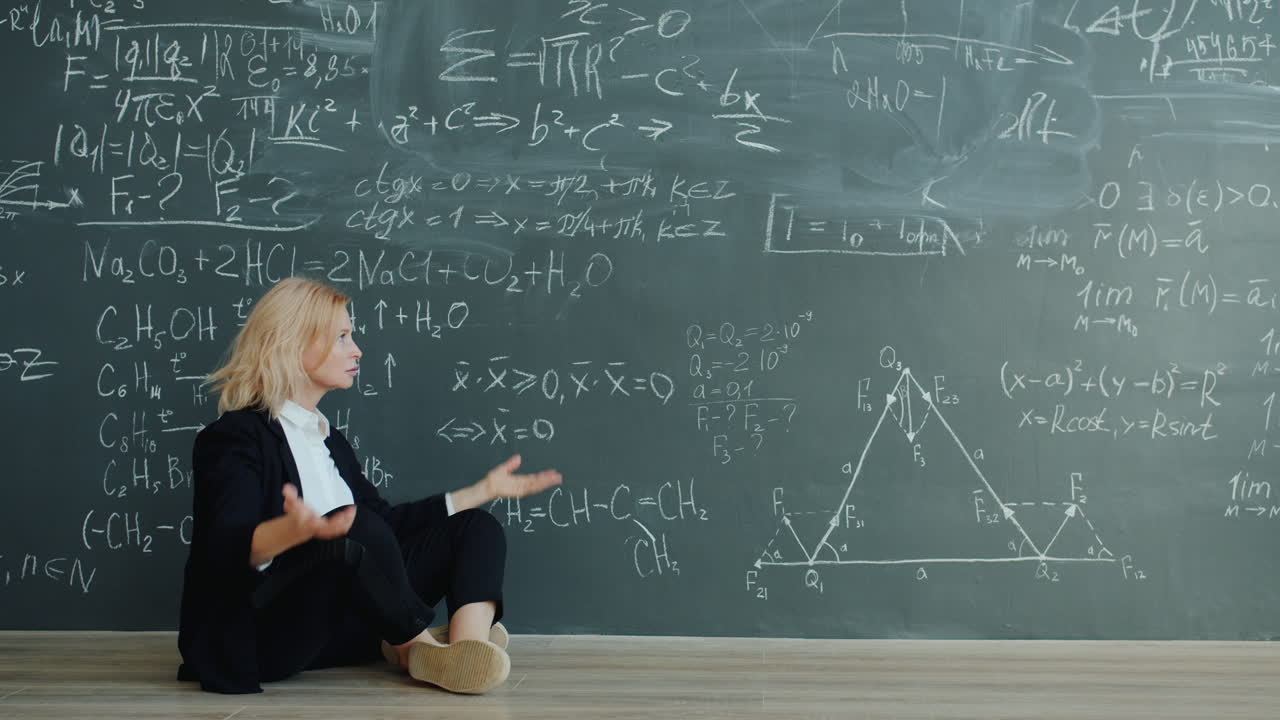 Stressed Student Sitting on Floor in front of Chalkboard