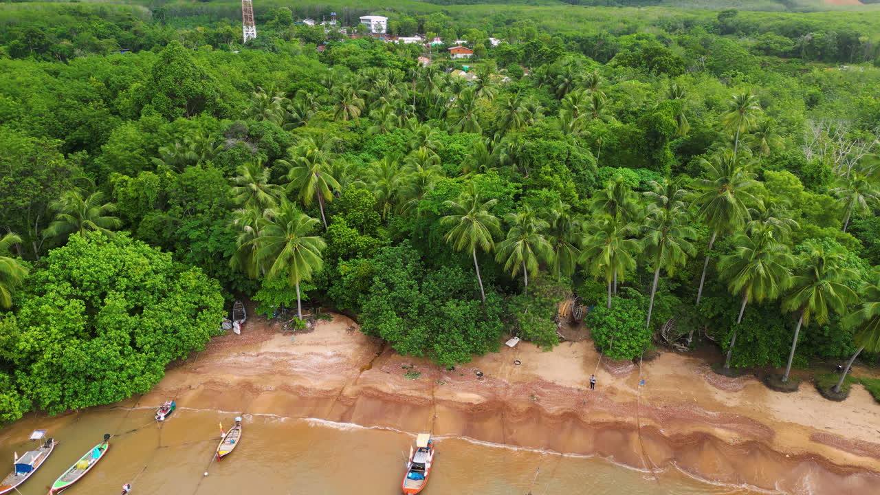 un dron revela una playa deshabitada en koh lanta, tailandia, rodeada por una exuberante selva tropical verde.