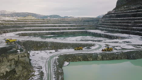 establishing aerial view of industrial mining quarry in scandinavia