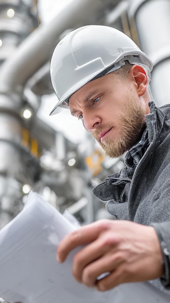 A Focused Engineer Examining Project Plans in an Industrial Setting: Precision, Safety, and Attention to Detail in Modern Engineering Practices