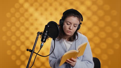 lady browsing pages, doing voiceover reading of book to produce audiobook