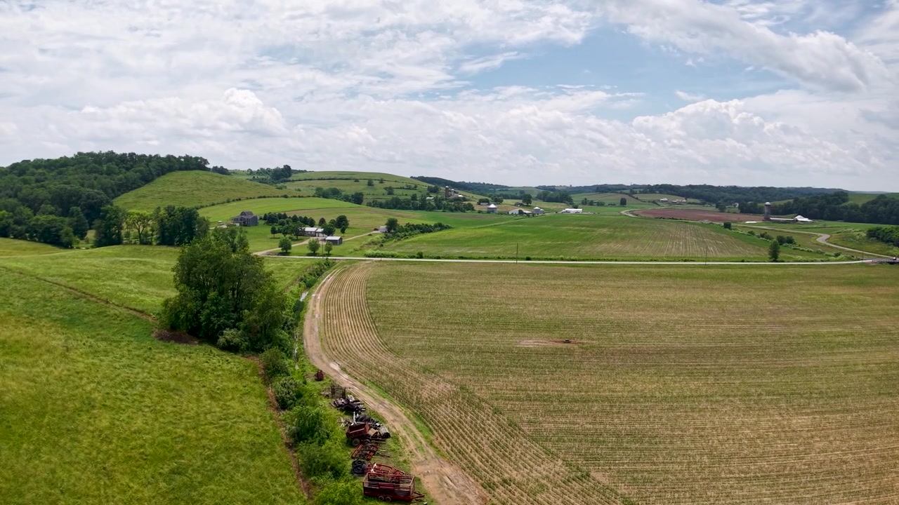 Groene weide grenst aan een geoogst veld langs een smalle heg in het glooiende platteland van Ohio
