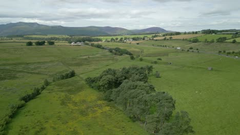 flying across green fields towards and over busy rural road a66 on cloudy summer day