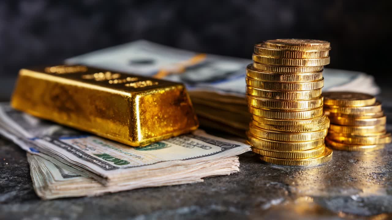 A Glimpse into Wealth: A Luxurious Display of Gold Bars, Stacked Coins, and Currency Notes on a Textured Surface Reflecting the Value of Money and Precious Metals, Symbolizing Financial Prosperity and Investment Opportunities