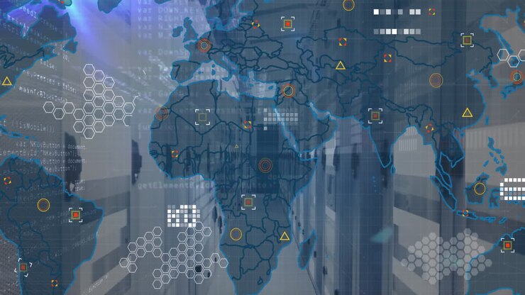 Animation of world map, data processing and blue light trails against computer server room