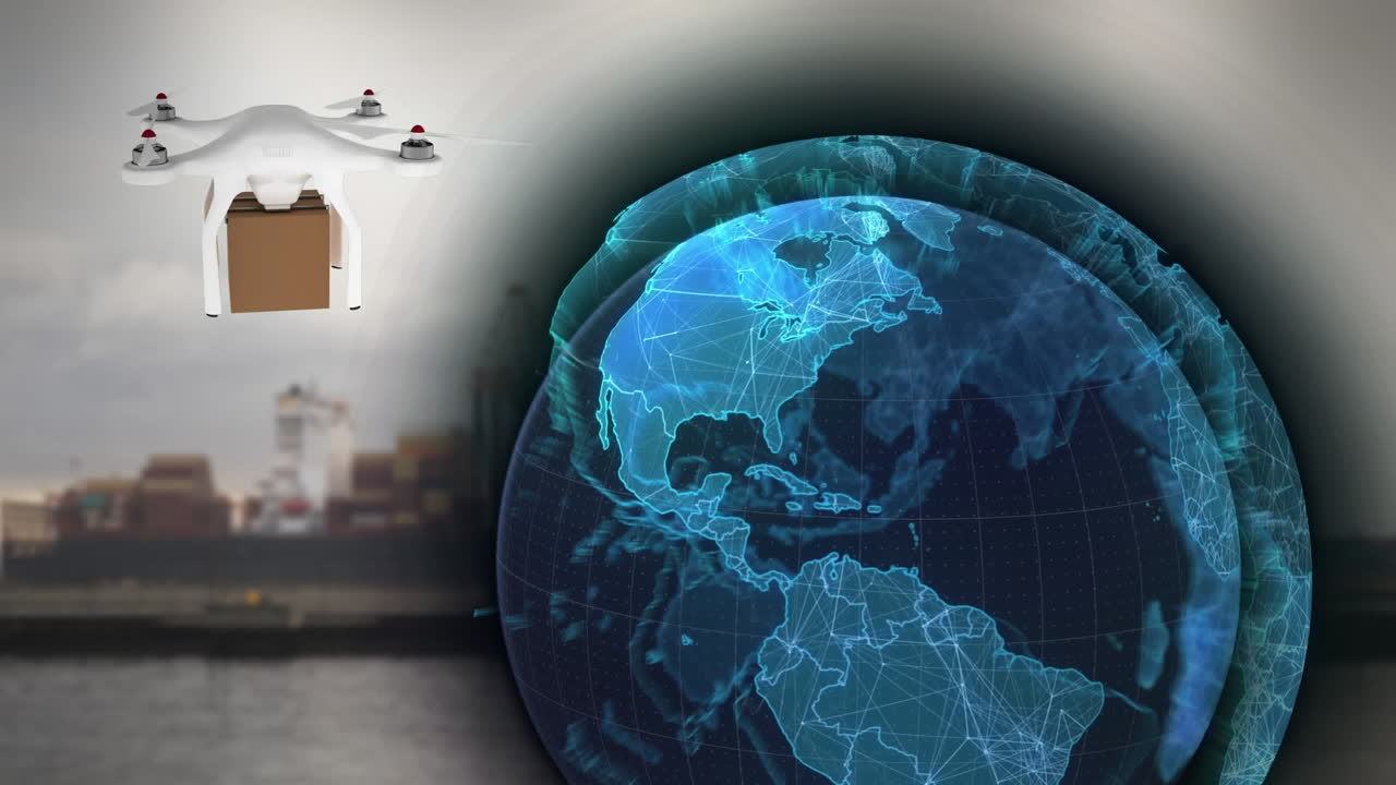 드론을 통한 연결 네트워크의 애니메이션과 조선소를 통한 패키지