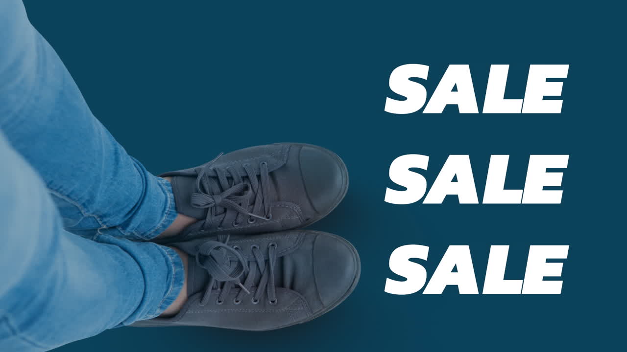 청바지 바지를 입은 백인 남성 위에 판매 텍스트의 애니메이션