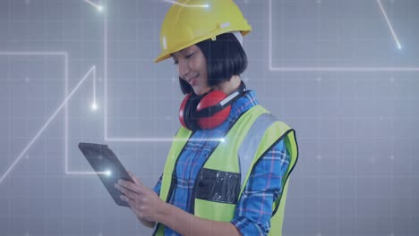 animación del procesamiento de datos sobre ingeniera asiática mujer usando tableta