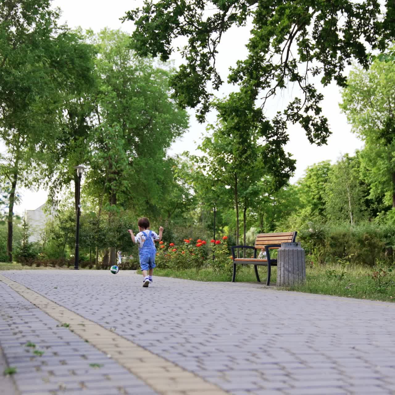 Rear view of a toddler boy catching up with his ball. Child on the walk in beautiful park in summer