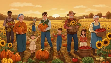 a joyful harvest celebration with family and friends gathering pumpkins and sunflowers in the golden fields under a beautiful sunset sky