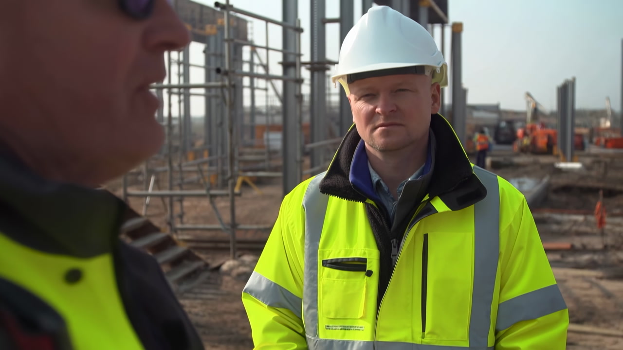 White Site Manager In Highvisibility Jacket Overseeing Inspection At Outdoor Construction Site Wearing White