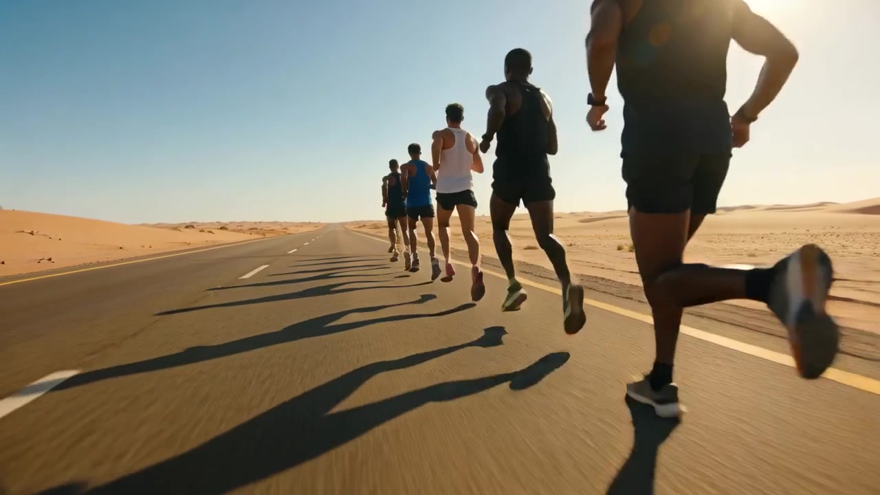 Otto atleti maschi che corrono, iniziando una corsa di allenamento su una strada nel deserto, in canottiera e con una bottiglia d'acqua in mano.