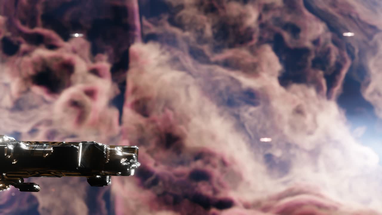 концепция исследования глубокого космоса. боковой вид космического корабля, летящего через туманность или галактические облака.