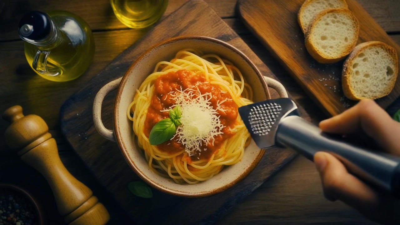 Mano che grattugia Parmigiano fresco su un piatto di spaghetti