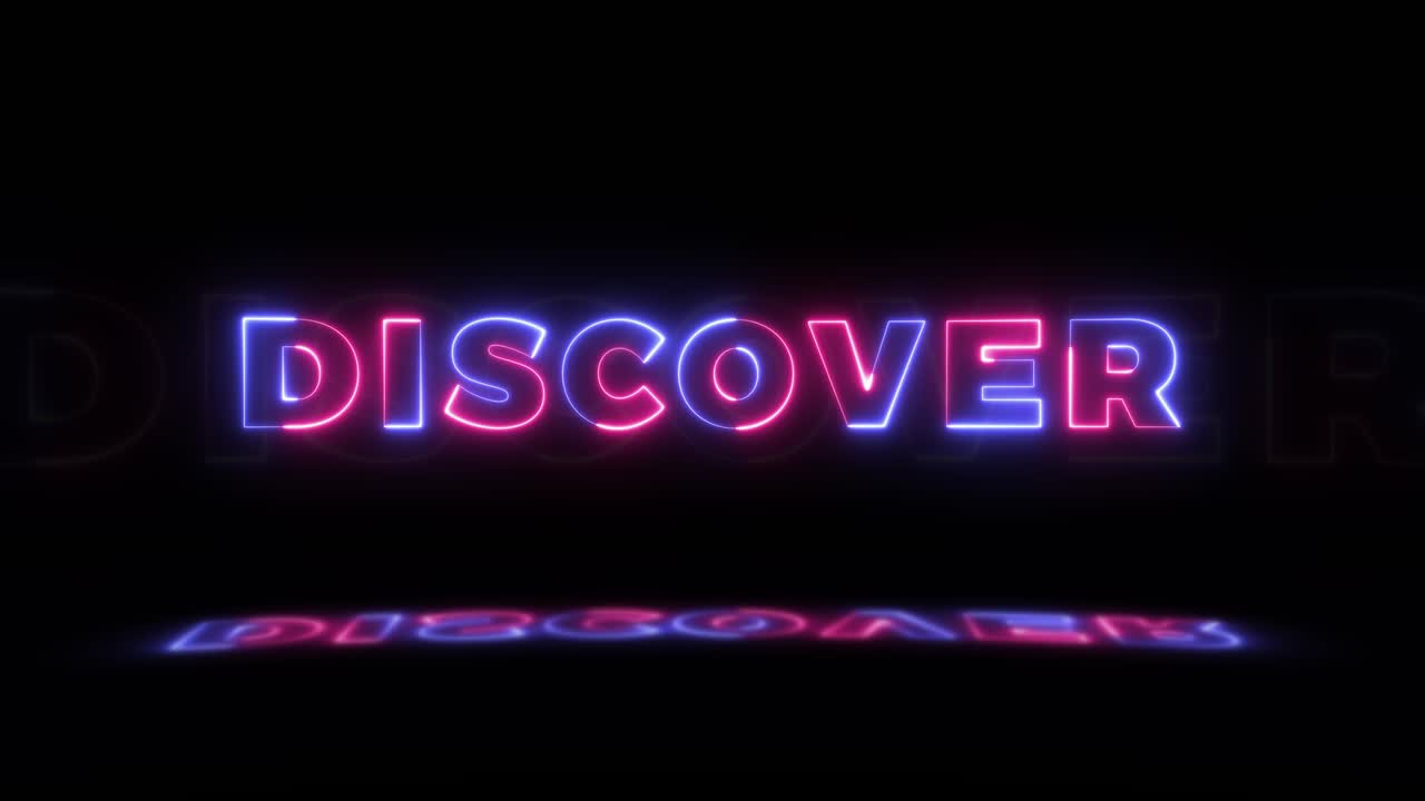 neón brillante palabra 'descubrir' en un fondo negro con reflejos en un piso. signos de brillo de neón en gráfico de movimiento de bucle sin costuras