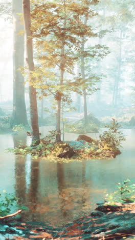 misty forest with a small pond