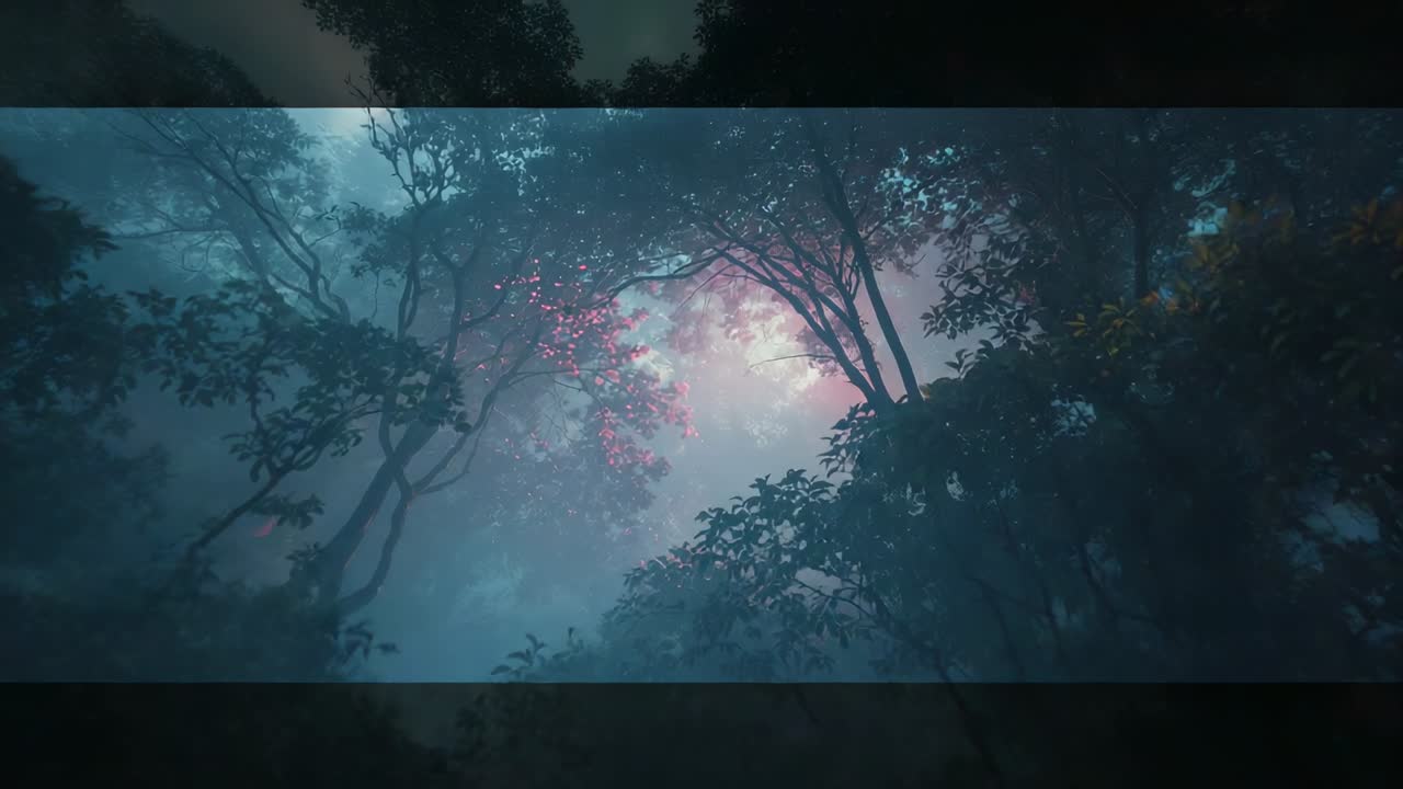 Morning light scattering mist causing camera panning through forest, revealing pink blossoms