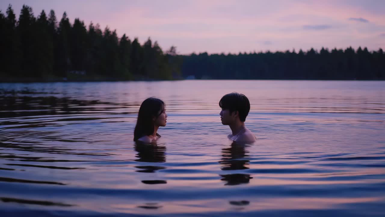 A romantic couple in a lake at sunset