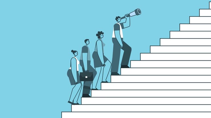 Team walk up the stairs with male leader in front. Career Growth and Teamwork Concepts. Flat Design Cartoon Characters Isolated Loop 2d Animation