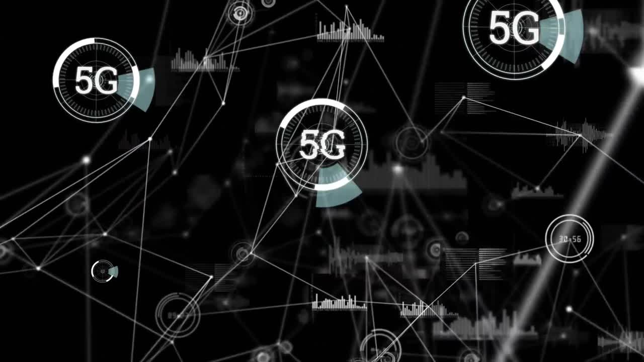 Different graphs and 5G written in the middle of a futuristic circles