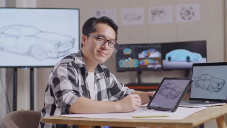 vista lateral de un hombre asiático sonriendo a la cámara mientras dibuja un nuevo concepto de diseño de automóvil en una tableta en el estudio con tv y computadoras muestra modelo de automóvil eléctrico 3d