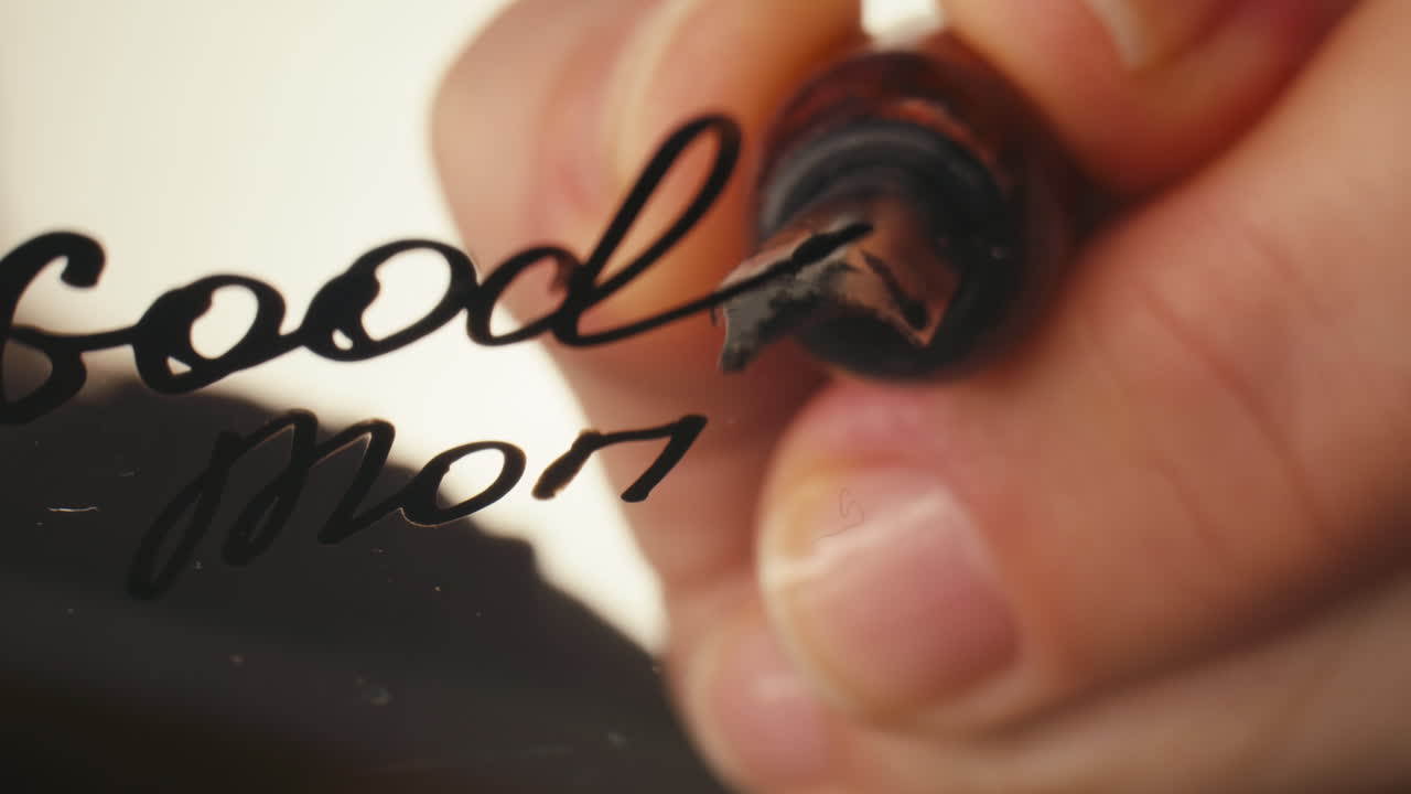 Close-Up of Hand Writing 'Good Morning' with Calligraphy Pen
