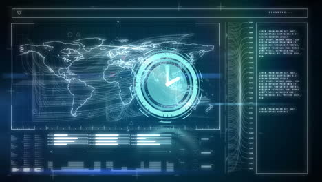 animación de un reloj moviéndose rápidamente sobre el mapa del mundo y procesamiento de datos en la pantalla