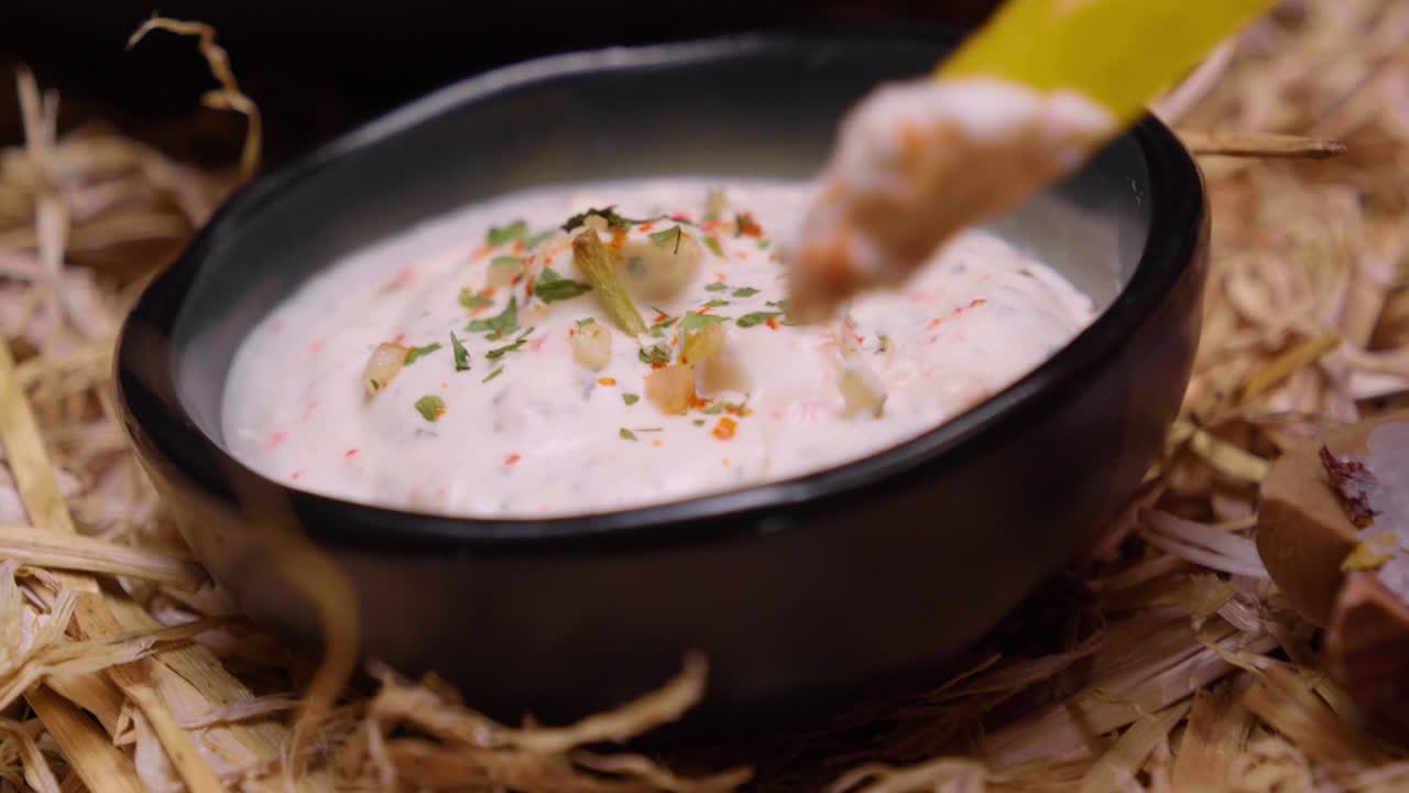 primer plano de la cámara de una deliciosa salsa o crema vegana en un bol con pimientos y especias